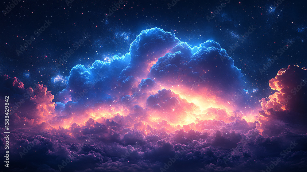 Fototapeta premium A stunning cosmic scene featuring vibrant clouds illuminated by hues of blue, pink, and purple against a starry backdrop.