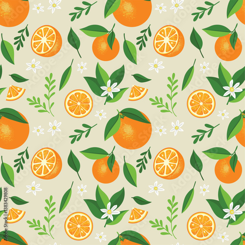 Seamless background pattern of fresh oranges with flowers and leaves