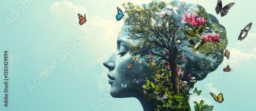 A human brain surrounded by landscapes and butterflies represents the link between nature, self-care, mental health, and the power of positive thinking, creative minds, and advanced generative AI