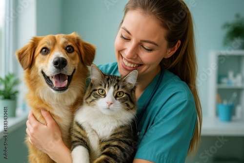 Caring Veterinarian with Pets: A compassionate vet embraces a playful dog and a relaxed cat, showcasing a bond of trust, care, and the importance of pet health.