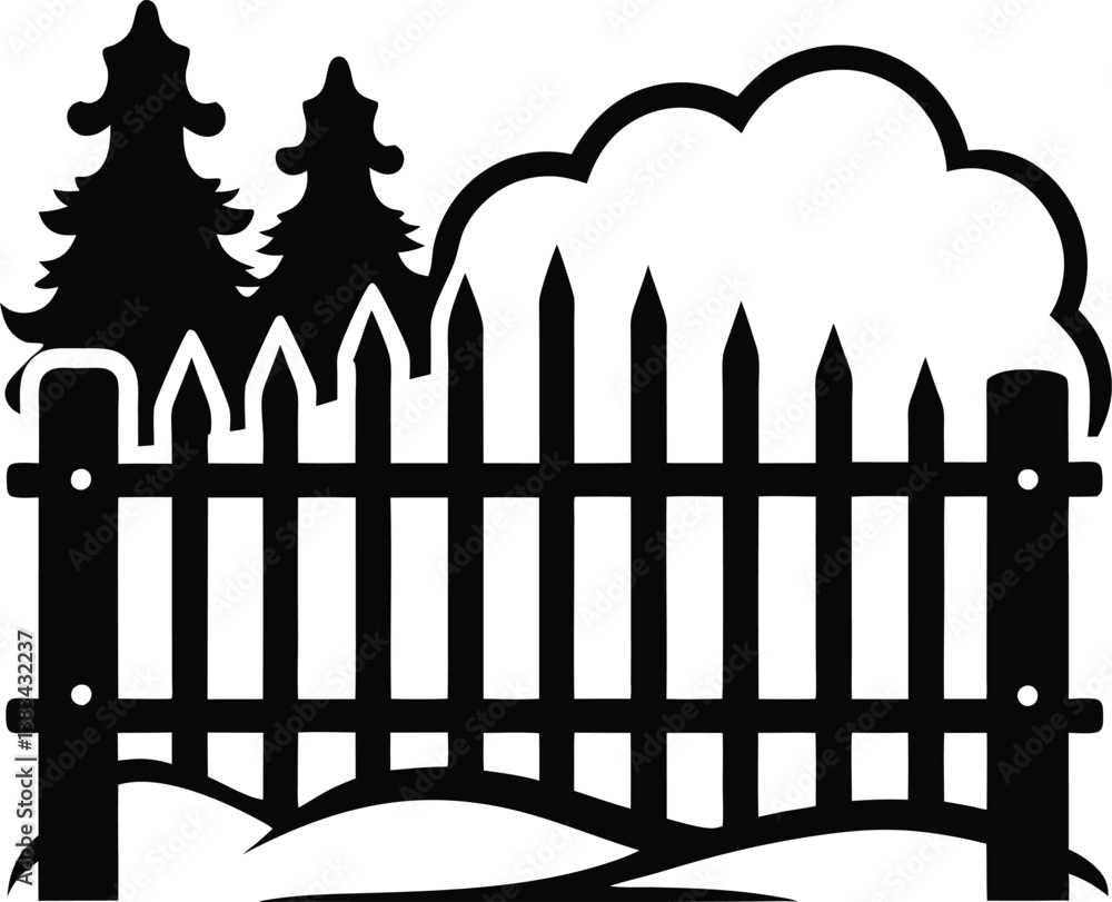 Snow-Covered Fence Silhouette Vector for Winter Landscapes and Rustic Designs Snow-Covered Fence Silhouette Vector for Winter Landscapes and Rustic Designs