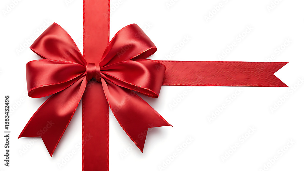 A luxurious, large red ribbon bow positioned on the left side of a long, straight horizontal ribbon, complemented by a vertical ribbon extending downward to form a stylish border. A luxurious, large red ribbon bow positioned on the left side of a long, straight horizontal ribbon, complemented by a vertical ribbon extending downward to form a stylish border.