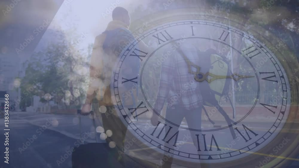 Animation of clock with Roman numerals overlaying silhouette of person with suitcase Animation of clock with Roman numerals overlaying silhouette of person with suitcase