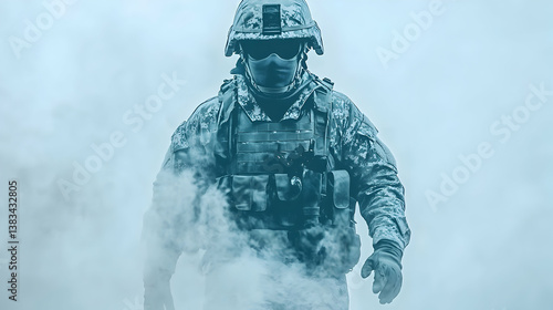 A heavily armored soldier emerging from a misty environment