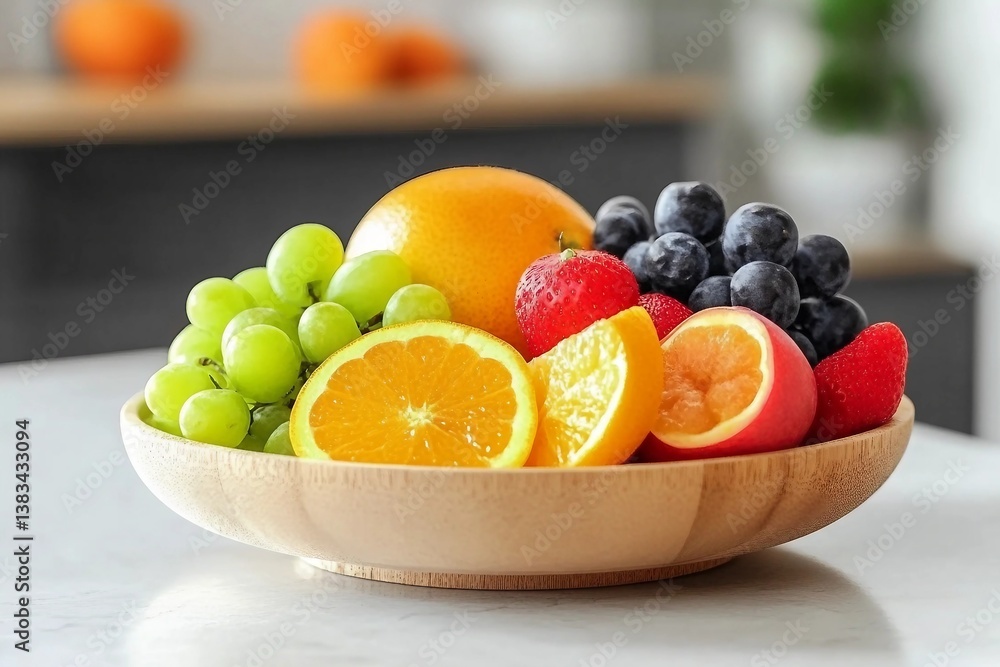 Plate with different fruits on kitchen table Plate with different fruits on kitchen table