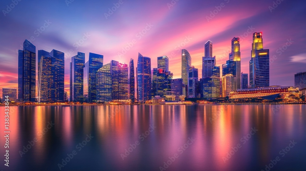 Fototapeta premium Vibrant cityscape skyline at sunset, reflected in calm water