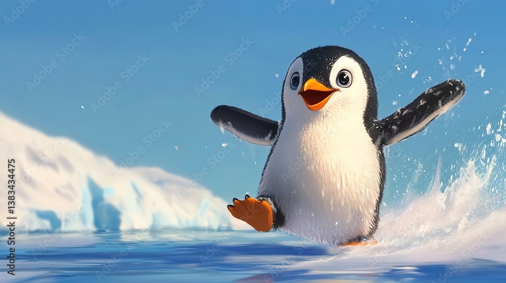 Obraz premium Penguin slipping on ice arctic landscape animated content dramatic pose playful environment