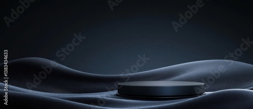 Elegant dark blue fabric draped with round podium for product display Luxury presentation stage with smooth textile waves for cosmetic showcase and minimalist background