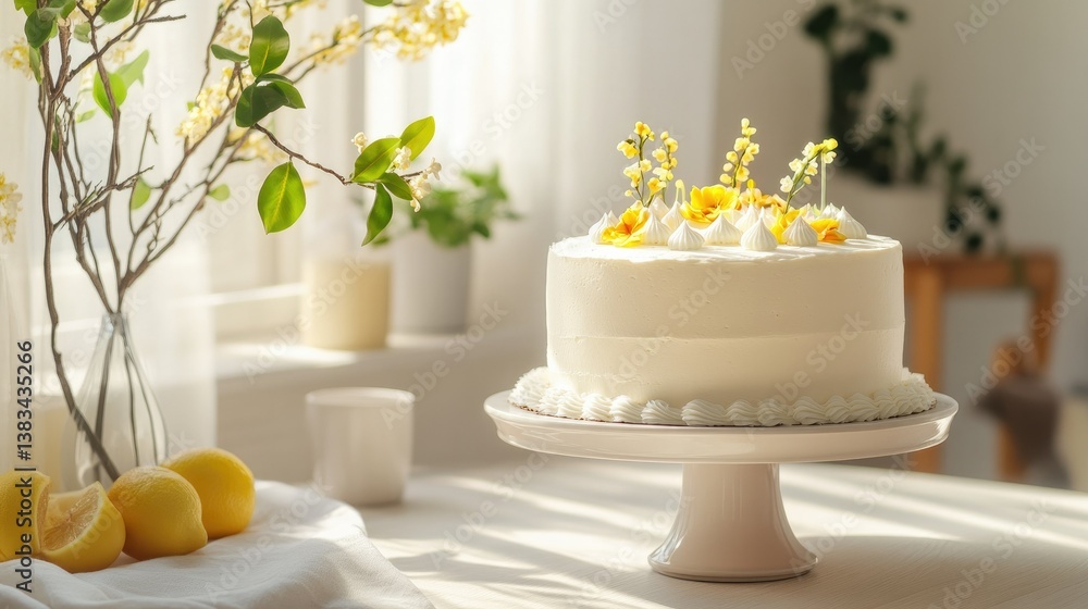 Simple round birthday cake mockup with white icing and customizable decorations, placed on a stylish cake stand in a bright room Simple round birthday cake mockup with white icing and customizable decorations, placed on a stylish cake stand in a bright room