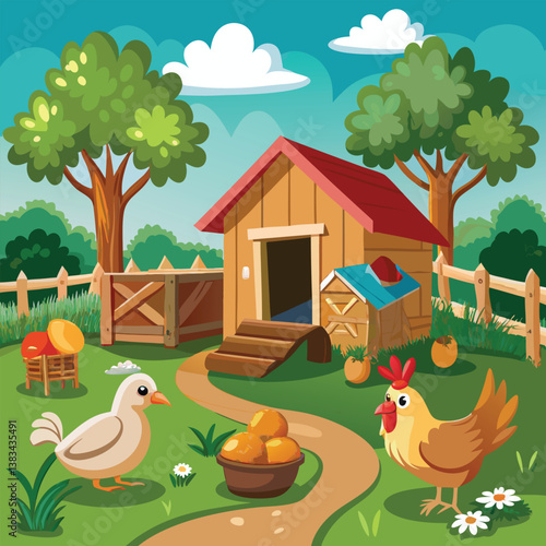 Cartoon farm house with chickens, ducks, and other farm animals under a clear sky, surrounded by grass and trees, with cute baby chicks and a fun, festive Easter vibe