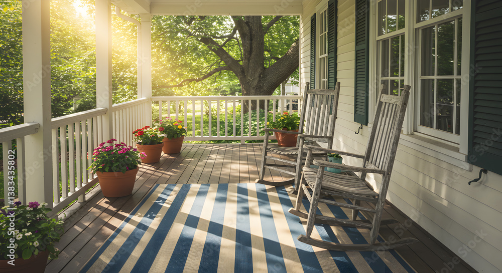 Fototapeta premium Inviting Cottage Porch Scene With Rocking Chairs and Outdoor Rug