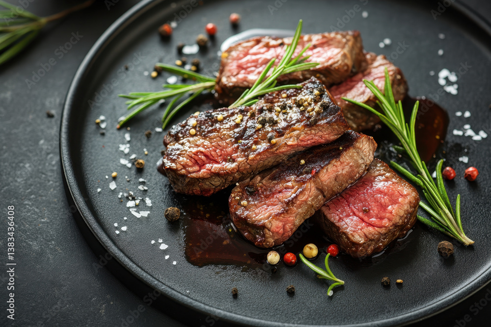 Juicy steak topped with rosemary and pepper sauce, sizzling on a hot grill, creating mouthwatering flavors and aromas. Juicy steak topped with rosemary and pepper sauce, sizzling on a hot grill, creating mouthwatering flavors and aromas.