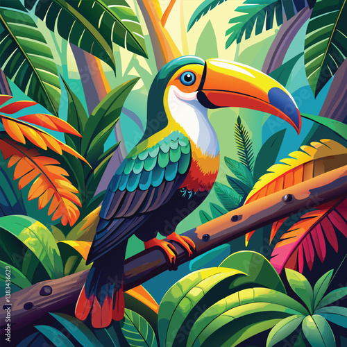 Colorful toucan perched on a branch in the jungle surrounded by tropical wildlife