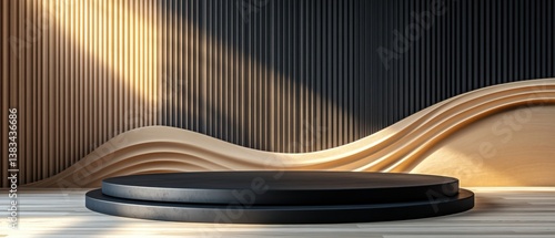 Fototapeta Naklejka Na Ścianę i Meble -  Elegant black podium on light wood floor with golden wave backdrop and dark wood slat wall Concept of luxury, product showcase, and modern design