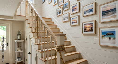 Nautical Inspired Staircase With Beach Photography In a Coastal Home Decor