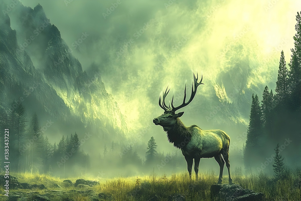 Naklejka premium A majestic elk stands in a misty mountain wilderness scene