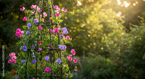 Fototapeta Naklejka Na Ścianę i Meble -  Metal Garden Obelisk Covered In Sweet Peas Flowers In Sunlight Garden Scene