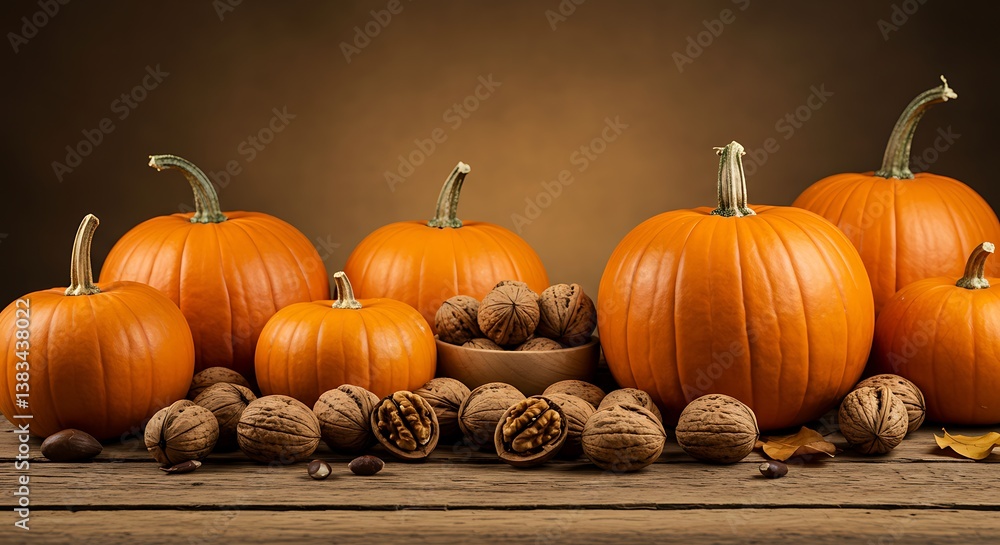 Autumn Harvest: Pumpkins and Walnuts on Rustic Wood AI Generated Autumn Harvest: Pumpkins and Walnuts on Rustic Wood AI Generated