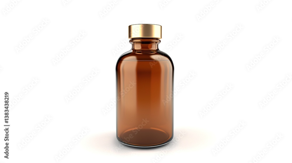 Amber glass bottle featuring a gold screw cap, suitable for pharmaceutical or cosmetic applications, presented isolated on a white background with a touch of generative AI elements. The bottle's elega Amber glass bottle featuring a gold screw cap, suitable for pharmaceutical or cosmetic applications, presented isolated on a white background with a touch of generative AI elements. The bottle's elega