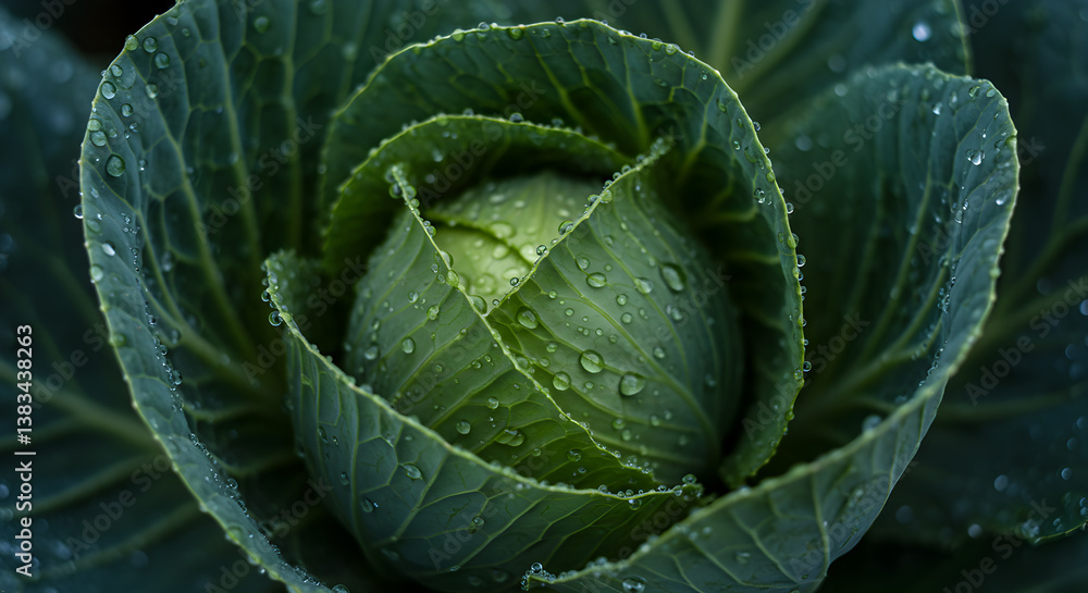 Close Up of a Fresh Dew Covered Cabbage Head After a Morning Rain Close Up of a Fresh Dew Covered Cabbage Head After a Morning Rain