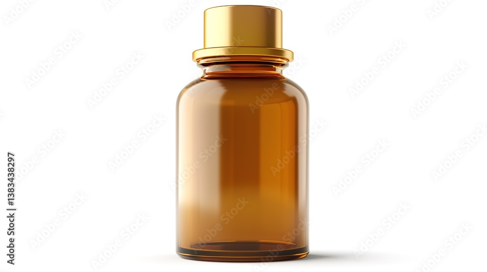 Amber glass bottle featuring a gold screw cap, suitable for pharmaceutical or cosmetic applications, presented isolated on a white background with a touch of generative AI elements. The bottle's elega Amber glass bottle featuring a gold screw cap, suitable for pharmaceutical or cosmetic applications, presented isolated on a white background with a touch of generative AI elements. The bottle's elega