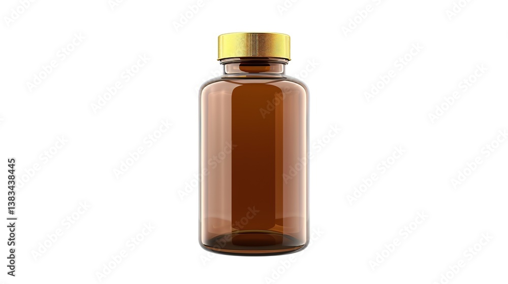 Amber glass bottle featuring a gold screw cap, suitable for pharmaceutical or cosmetic applications, presented isolated on a white background with a touch of generative AI elements. The bottle's elega Amber glass bottle featuring a gold screw cap, suitable for pharmaceutical or cosmetic applications, presented isolated on a white background with a touch of generative AI elements. The bottle's elega