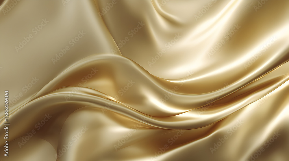 Fototapeta premium Abstract background concept, Shiny golden silk fabric draped elegantly in waves.