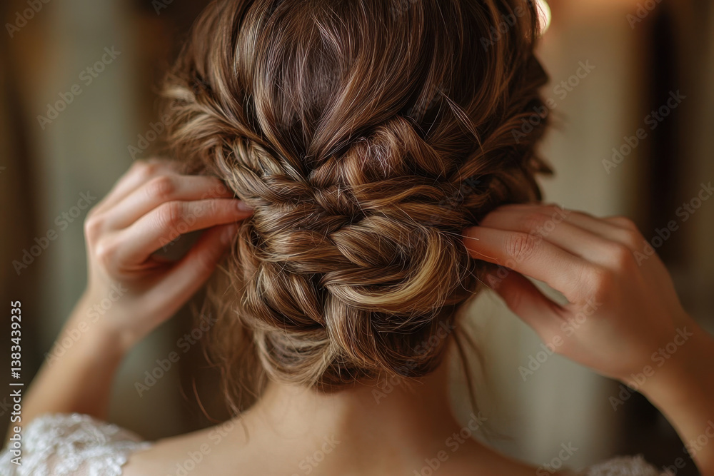 Obraz premium Bride's hair braided in a low bun, adorned with delicate white flowers. She smiles, holding a bouquet, standing in a sunlit garden.