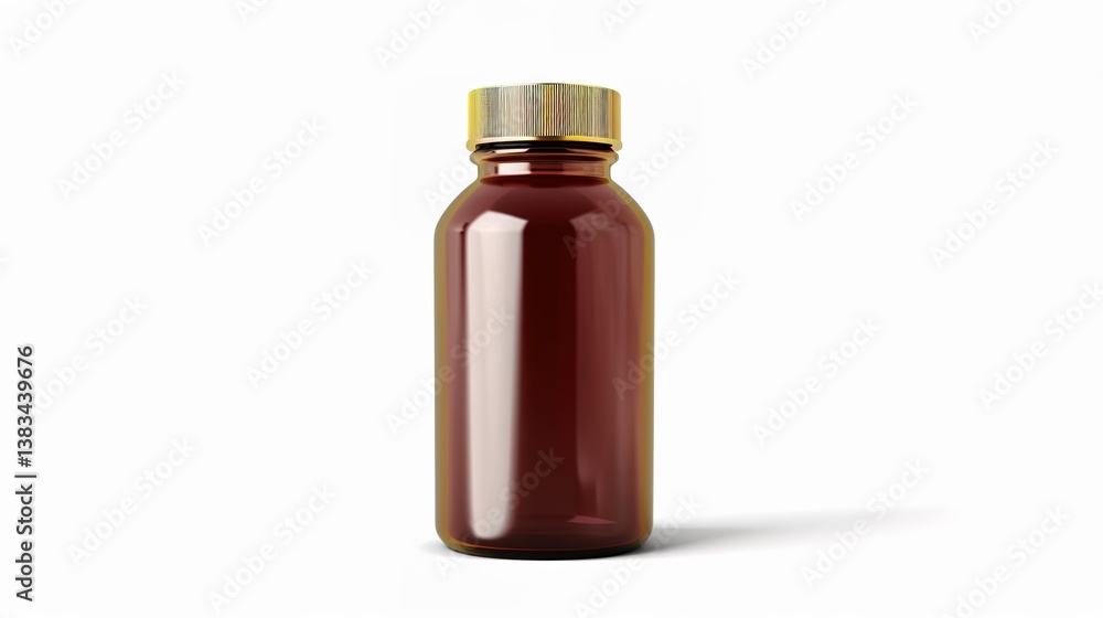 Amber glass bottle featuring a gold screw cap, suitable for pharmaceutical or cosmetic applications, presented isolated on a white background with a touch of generative AI elements. The bottle's elega Amber glass bottle featuring a gold screw cap, suitable for pharmaceutical or cosmetic applications, presented isolated on a white background with a touch of generative AI elements. The bottle's elega