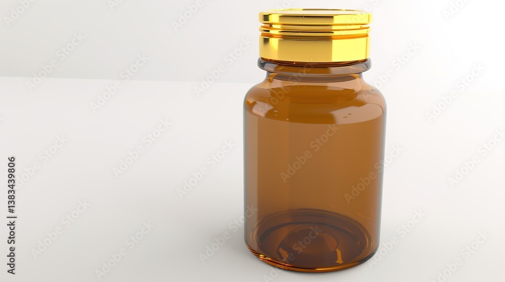 Amber glass bottle featuring a gold screw cap, suitable for pharmaceutical or cosmetic applications, presented isolated on a white background with a touch of generative AI elements. The bottle's elega Amber glass bottle featuring a gold screw cap, suitable for pharmaceutical or cosmetic applications, presented isolated on a white background with a touch of generative AI elements. The bottle's elega