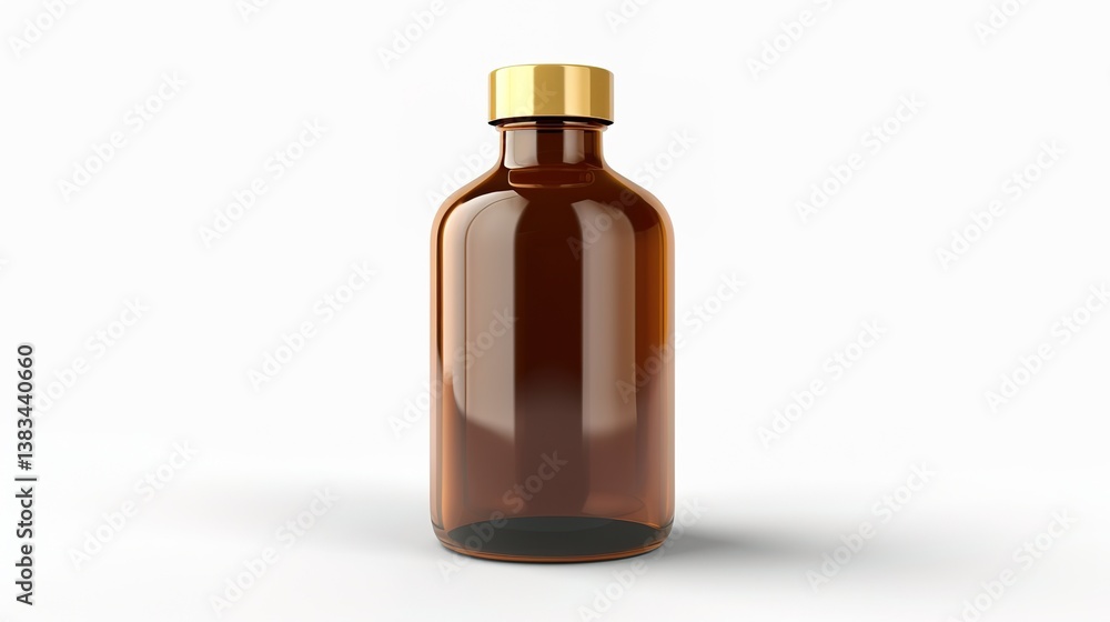 Amber glass bottle featuring a gold screw cap, suitable for pharmaceutical or cosmetic applications, presented isolated on a white background with a touch of generative AI elements. The bottle's elega Amber glass bottle featuring a gold screw cap, suitable for pharmaceutical or cosmetic applications, presented isolated on a white background with a touch of generative AI elements. The bottle's elega