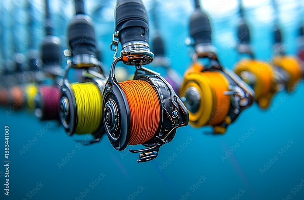 Obraz premium Fishing Reel Close-up Display: Angling Equipment with Colorful Line on Blue Background.