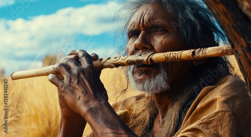 An aboriginal man playing the flute in outback Australia