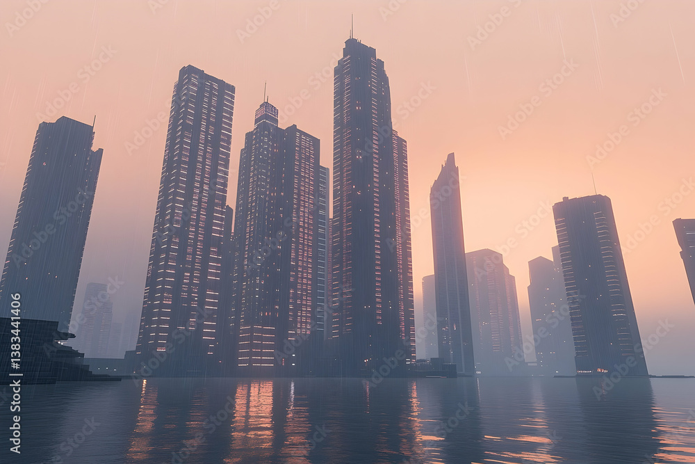 Obraz premium Tall skyscraper city at sunset reflected on tranquil water surface