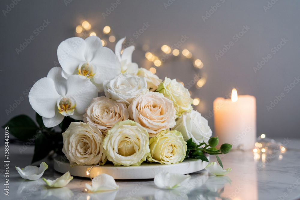 Floral Still Life With Roses Orchids Candle And Fairy Lights Floral Still Life With Roses Orchids Candle And Fairy Lights