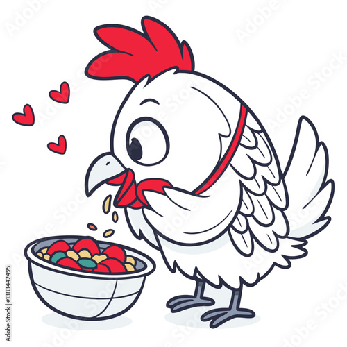 cute chicken eating food in bowl with white background