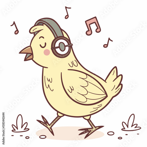cute chicken wearing headset, chill style, and walking in white background