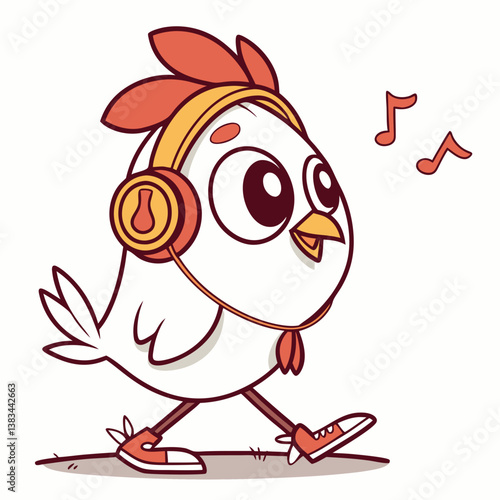 cute chicken wearing headset, chill style, and walking in white background