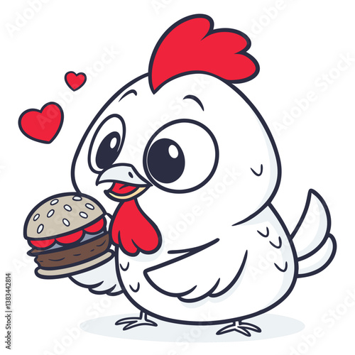 cute chicken eating burger in white background