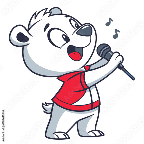 cute bear singing with mic in white background