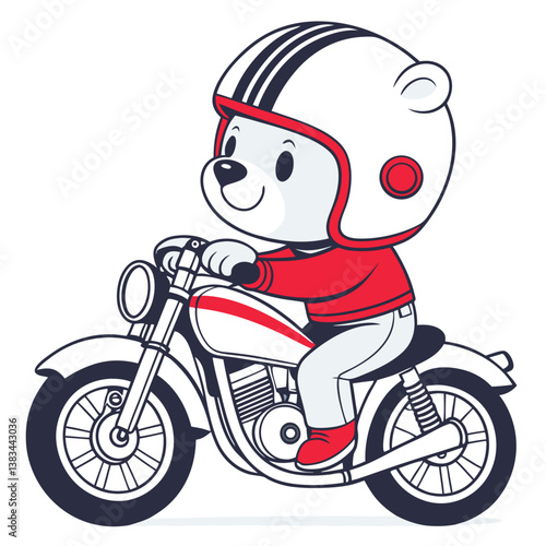 cute bear ride small classic motobike wearing classic helm in white background