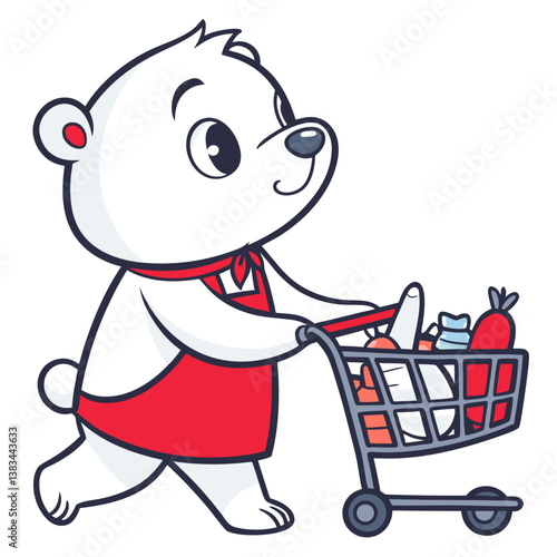 cute bear pushing trolley shopping in white background