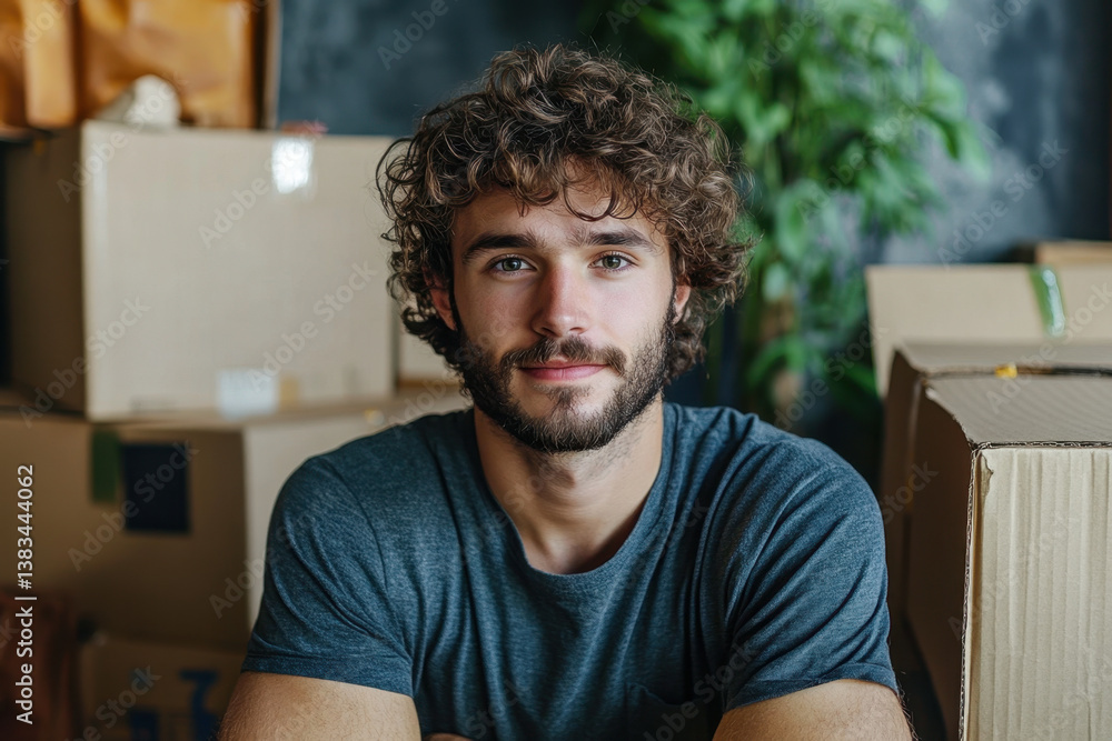 Fototapeta premium Man with curly hair and beard sitting among boxes in cluttered room.