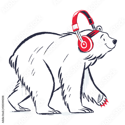 cute bear wearing headset, chill style, and walking in white background