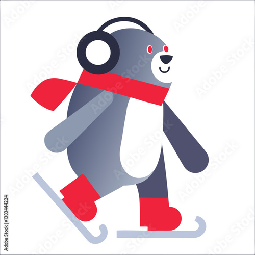 cute bear wearing headset, chill style, and walking in white background