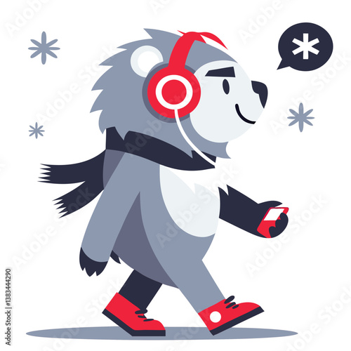 cute bear wearing headset, chill style, and walking in white background