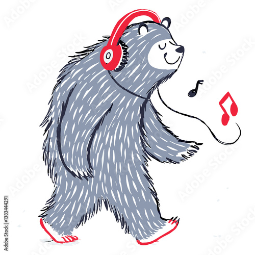 cute bear wearing headset, chill style, and walking in white background