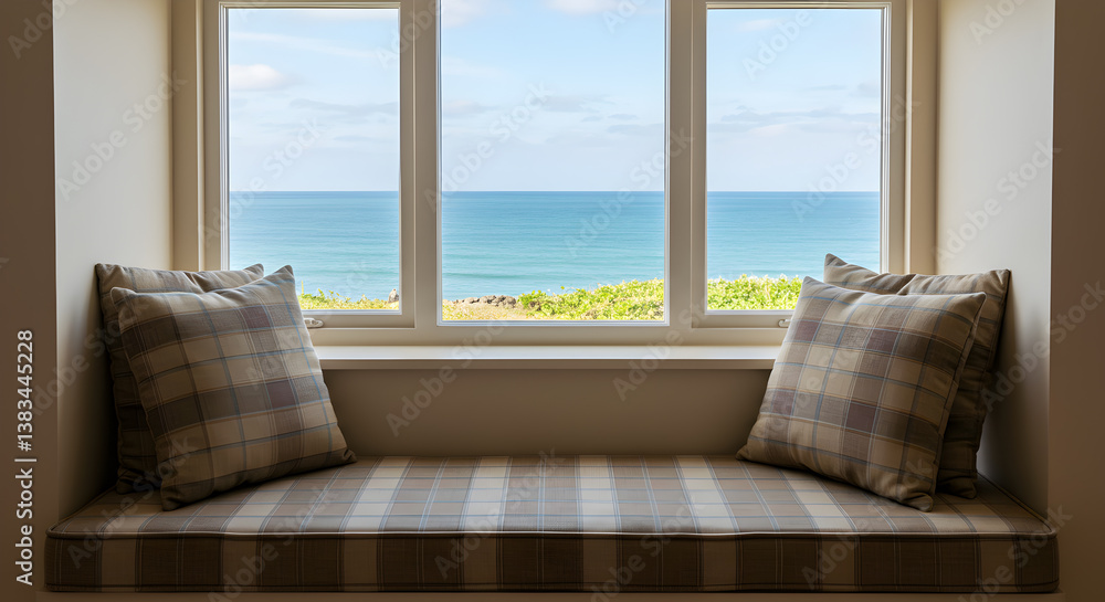 Fototapeta premium Cozy Window Seat With Plaid Cushions Overlooking Ocean View And Blue Skies