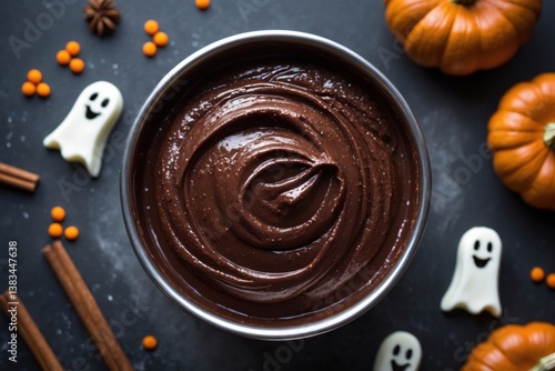 Rich chocolate frosting in a silver bowl surrounded by pumpkins, candy, and decorative ghosts, evoking a festive autumn atmosphere