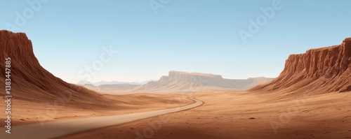 A vast, arid landscape featuring towering rock formations and a winding road beneath a clear blue sky.